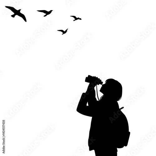 Bird Watching Woman with Binoculars Observing Birds Silhouette Vector
