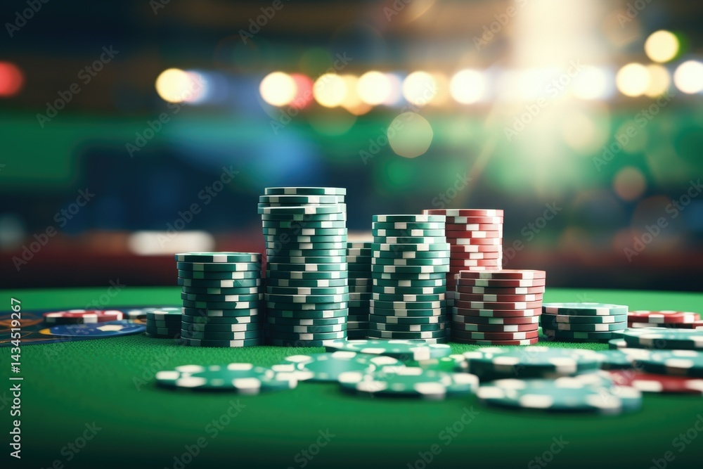 Stacks of poker chips on a green felt table in a casino setting, illuminated by background lights. Stacks of poker chips on a green felt table in a casino setting, illuminated by background lights.