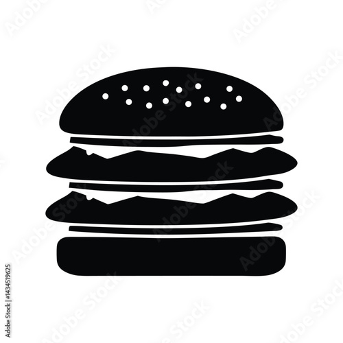 Classic Hamburger Silhouette with Sesame Seed Bun, Layered Fillings, Fast Food Symbol, Black and White Icon, Restaurant and Culinary Hamburger Silhouette Concept Illustration. 