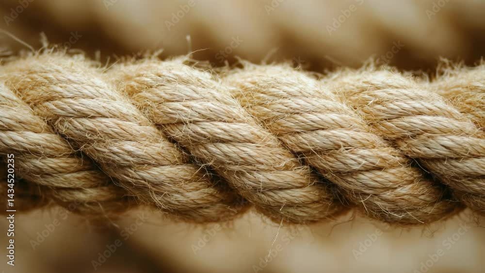 Close up of a thick, intertwined rope with natural tan color and rough texture, providing strength, ready for maritime or construction use Close up of a thick, intertwined rope with natural tan color and rough texture, providing strength, ready for maritime or construction use