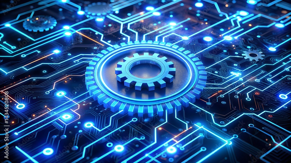 Fototapeta premium 3D Blue Glowing Gear on Circuit Board - Technology Integration and Automation Icon Design