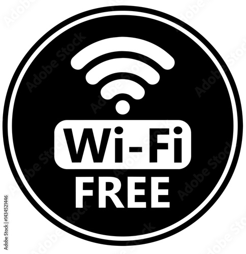 Free Wi-Fi sign, public wireless internet access symbol, sticker, connectivity zone, communication service, online access point, cafe hotspot indicator, network availability notice