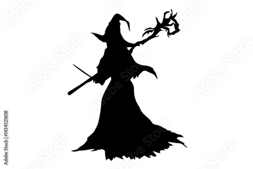 Silhouette of Mysterious Wizard or Witch in Cloak and Hat Holding Magic Staff and Wand. Fantasy, Magic, Mystery, Halloween, Sorcery, Enchantment, Fairytale Concept.

