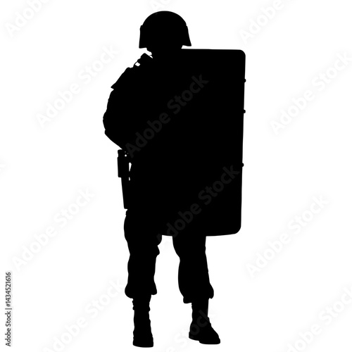 Silhouette of Riot Police Officer Holding Protective Shield. Law Enforcement, Public Safety, Security Force, Riot Control, Tactical Defense, Authority and Protection Concept.

