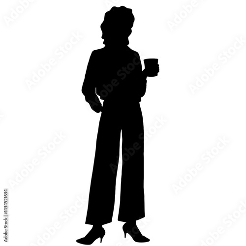 Silhouette of Female Office Worker in Blouse and Business Trousers Holding a Cup – Administrator, Secretary, HR Specialist, Sales Manager, Corporate Professional Concept

