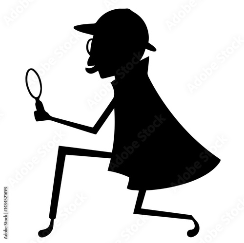 Silhouette of a Detective Character Inspecting with Magnifying Glass, Classic Investigator in Hat, Trench Coat, Mystery Investigation, Crime Solving for Books, Games, Detective Stories