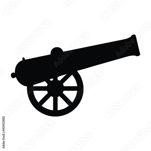 Black Cannon Silhouette with Large Spoked Wheel and Long Barrel, Historical Artillery Illustration, Military Weapon Symbol, War Machine, Classic Vintage Warfare Equipment Design