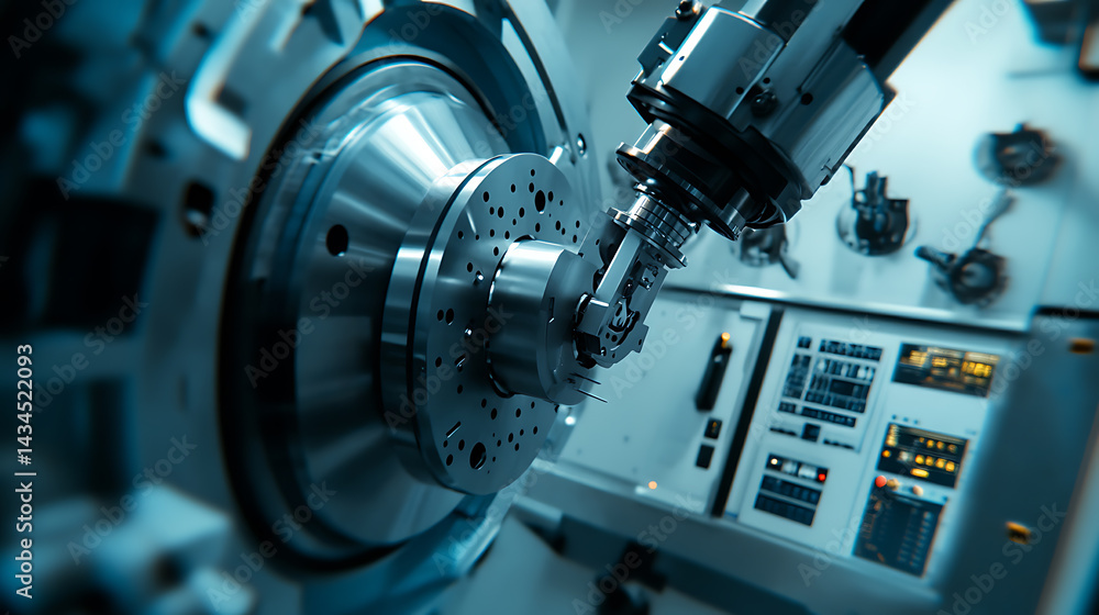 Mechanical arm transferring parts inside a smart CNC machining center, clean tools and interface panels around, Precision machining style Mechanical arm transferring parts inside a smart CNC machining center, clean tools and interface panels around, Precision machining style