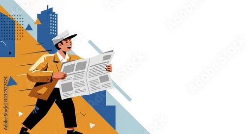 Cheerful newspaper delivery person in a stylish coat, smiling while running through a cityscape with buildings in the background