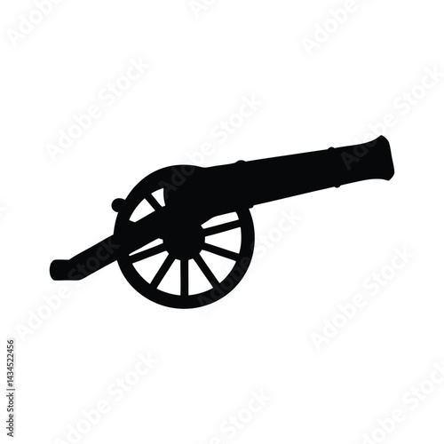 Black Cannon Silhouette with Large Spoked Wheel and Long Barrel, Historical Artillery Illustration, Military Weapon Symbol, War Machine, Classic Vintage Warfare Equipment Design