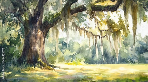 Whispering oak  a serene watercolor depicting spanish moss draped elegantly on trees