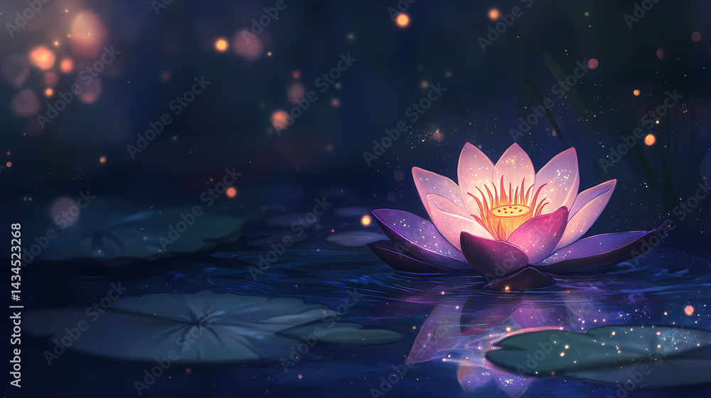 Glowing lotus flower peacefully rests on a tranquil pond at night. Galaxy Lily. Illustration Glowing lotus flower peacefully rests on a tranquil pond at night. Galaxy Lily. Illustration