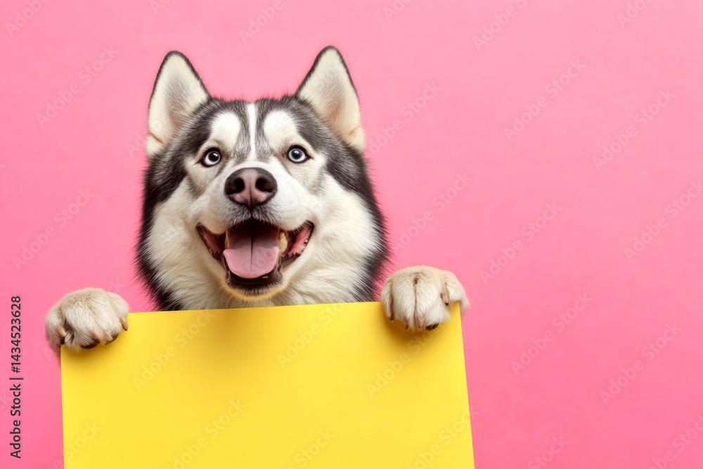Isolated pup on a solid outfit pink background. Dog poster design. Pet model ad. Dog sells ad. Dog in white room. Сute dog alaskan malamute hold in front paws a concept - large yellow lane. Isolated pup on a solid outfit pink background. Dog poster design. Pet model ad. Dog sells ad. Dog in white room. Сute dog alaskan malamute hold in front paws a concept - large yellow lane.