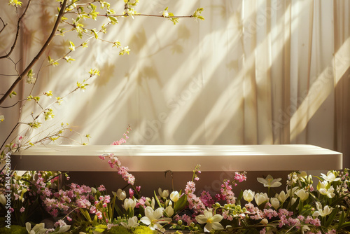 A rectangular bench is surrounded by pink and white flowers under filtered sunlight. Concept of serenity and nature. For garden design inspirations.
