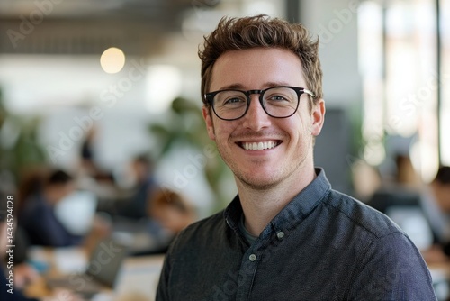 A smiling man with glasses in a busy office environment, showcasing a professional and friendly demeanor.
