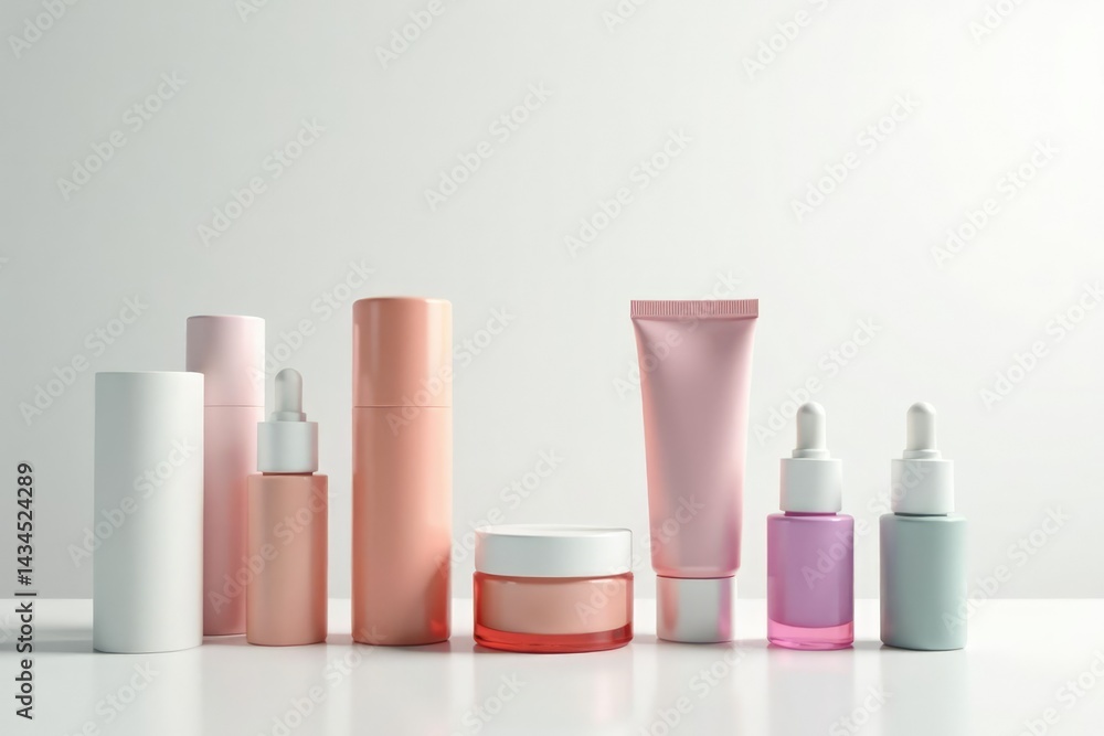 Various cosmetic containers against pure white backdrop, neat, professional, flatlay Various cosmetic containers against pure white backdrop, neat, professional, flatlay