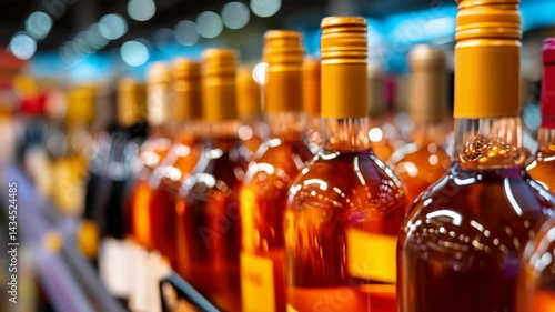 Rows of liquor bottles with golden lids and amber liquids fill shelves in store, offering variety and alcoholic beverages for purchase, background blurred.