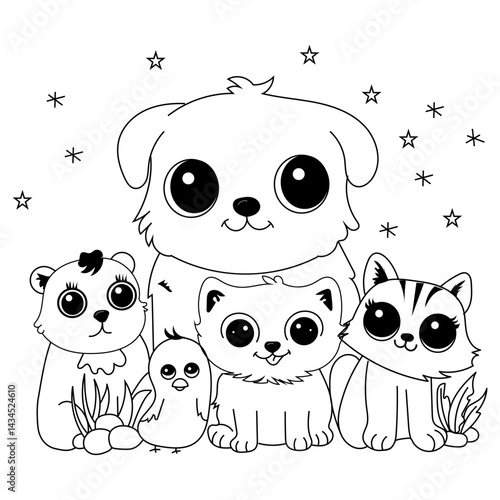 Coloring page for kids animals, coloring book with pets cat, puppy, duckling, doodle vector flat