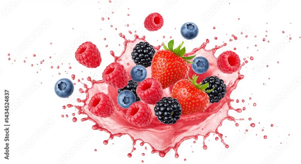 Fototapeta premium Berry Splash: Freshness and Energy - Juicy berries bursting with flavor and energy. Represents health, vitality, refreshment, sweetness, and natural goodness