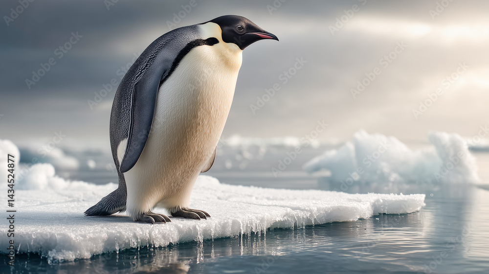 Obraz premium A majestic emperor penguin standing on icy surface, surrounded by floating glaciers under dramatic cloudy sky, symbolizing wildlife, cold habitats, and Antarctic nature beauty.