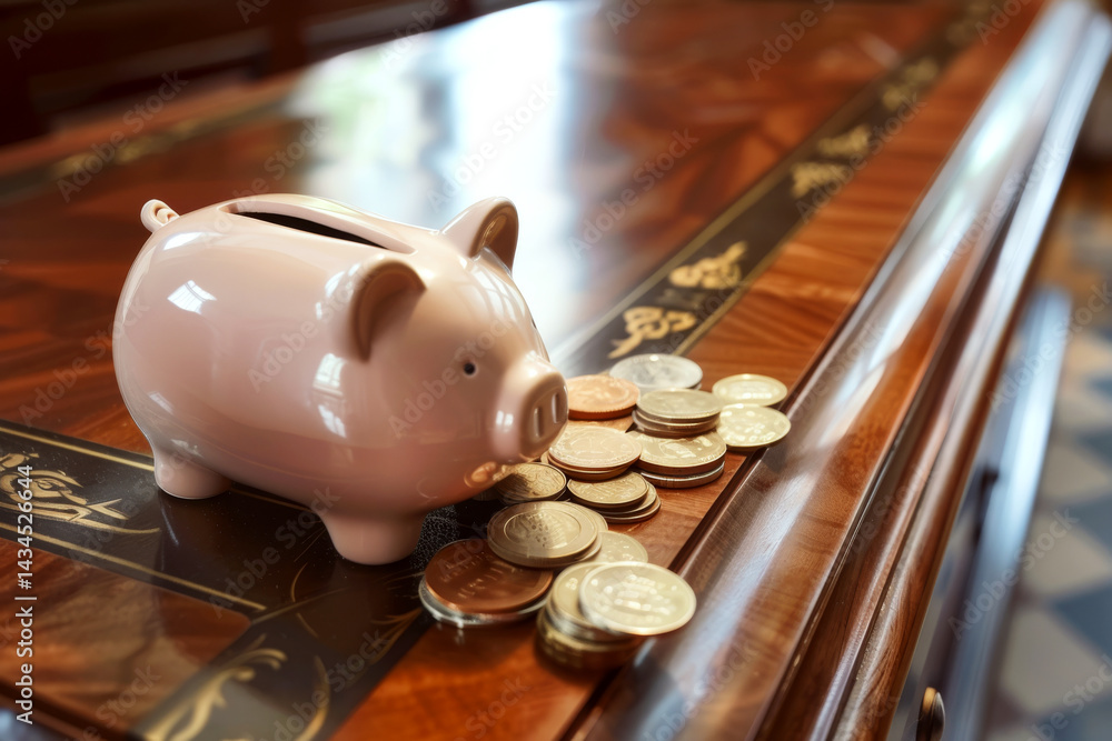 A pink piggy bank sits on a wooden table beside piles of coins. Concept of saving and finance. For money-saving tips.