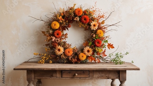 Vibrant autumn wreath with orange and yellow flowers on a rustic wooden table
