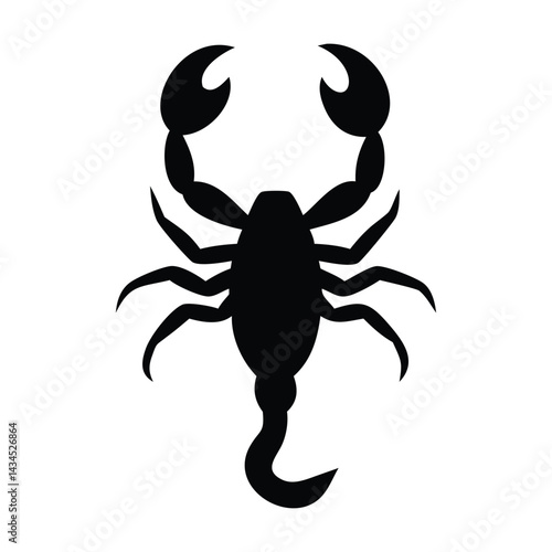 Black Scorpion Silhouette on White Background, Isolated Arachnid Illustration, Venomous Tail Curve, Strong Pincers, Dangerous Wildlife Symbol, Iconic Desert. Black Scorpion Silhouette