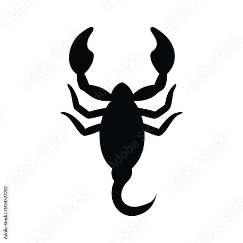 Black Scorpion Silhouette on White Background, Isolated Arachnid Illustration, Venomous Tail Curve, Strong Pincers, Dangerous Wildlife Symbol, Iconic Desert Predator Representation