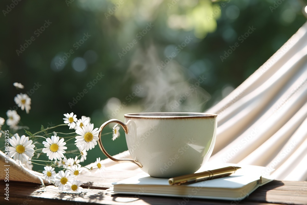 Steam rises from a cup of tea resting on a wooden table beside fresh daisies in a tranquil outdoor setting Steam rises from a cup of tea resting on a wooden table beside fresh daisies in a tranquil outdoor setting