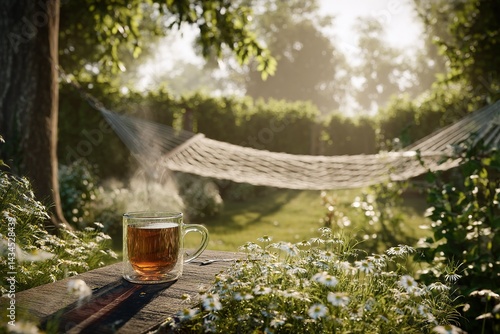 Wallpaper Mural Morning tea in a peaceful garden with a hammock and sunlight filtering through trees Torontodigital.ca