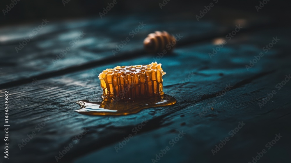 Close-Up of Honeycomb with Dripping Honey on Dark Wooden Surface