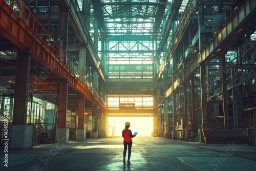 Female engineer in a large industrial facility using a tablet, assessing the infrastructure.