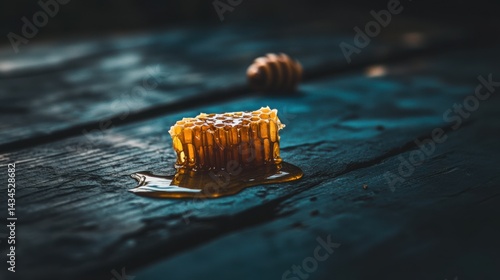 Obraz na płótnie Close-Up of Honeycomb with Dripping Honey on Dark Wooden Surface w salonie