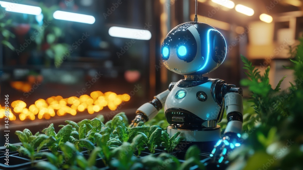 Fototapeta premium Humanoid robot tending green crops