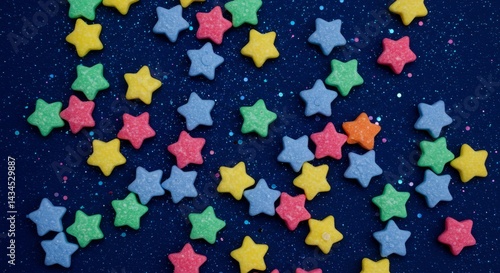 Colorful Star Sprinkles on Dark Blue - A scattering of colorful star-shaped sprinkles on a dark blue, glitter-textured background. Perfect for baking, crafting, or festive designs