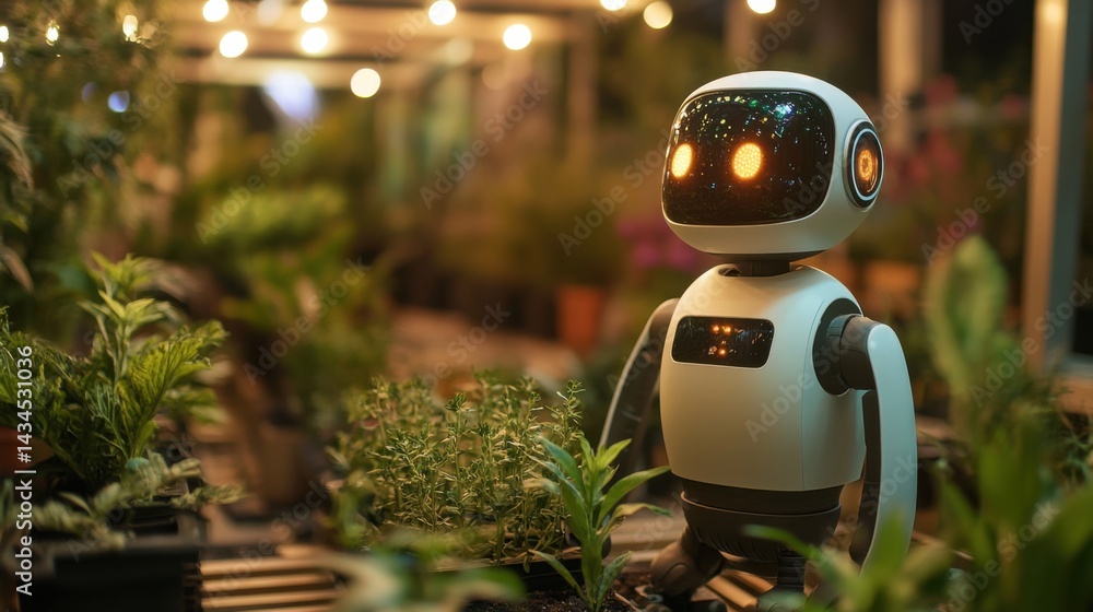 Naklejka premium Humanoid robot tending green crops