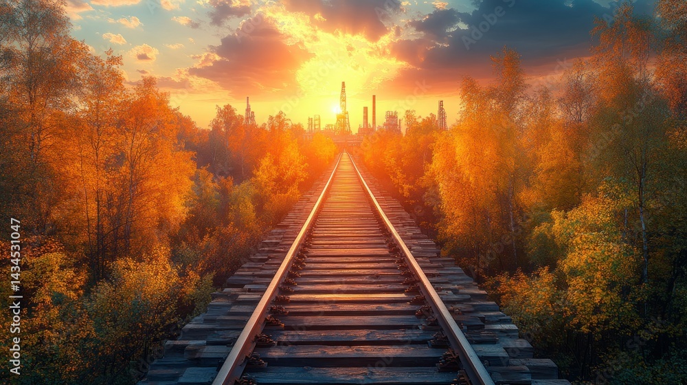 Fototapeta premium Autumnal railway path leading to sunrise over industrial city