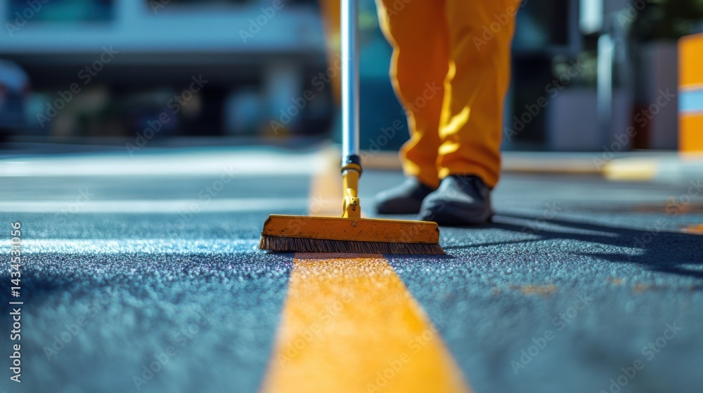 Worker Sweeping Clean Parking Lot with Bright Yellow Uniform and Equipment