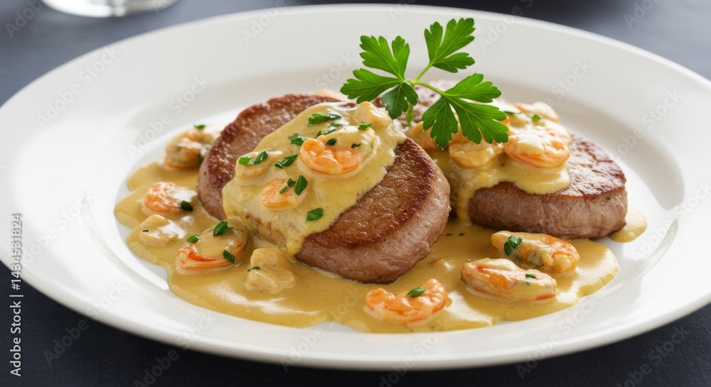 Creamy Seafood Sauce Veal Medallions - Delightful veal medallions, bathed in a rich creamy seafood sauce, adorned with fresh parsley. A culinary masterpiece symbolizing elegance, luxury, flavor Creamy Seafood Sauce Veal Medallions - Delightful veal medallions, bathed in a rich creamy seafood sauce, adorned with fresh parsley. A culinary masterpiece symbolizing elegance, luxury, flavor