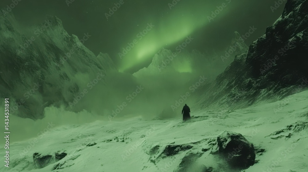 Mysterious Figure Walking Through Snowy Landscape Under Northern Lights