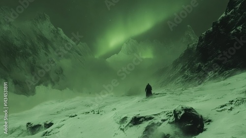 Obraz na płótnie Mysterious Figure Walking Through Snowy Landscape Under Northern Lights w salonie