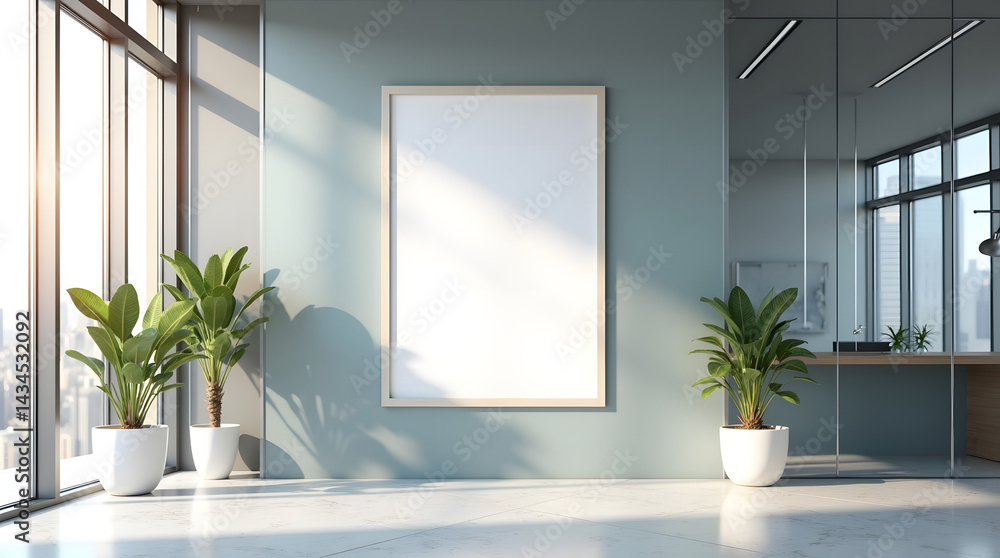 Bright modern office interior with large windows, showcasing a blank canvas and potted plants for a fresh atmosphere. Bright modern office interior with large windows, showcasing a blank canvas and potted plants for a fresh atmosphere.