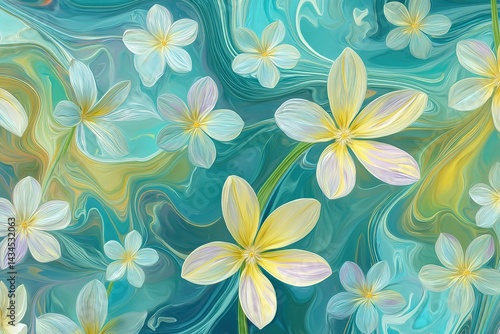 Wallpaper Mural Colorful floral pattern with yellow and white flowers on a vibrant teal background in a modern artistic style Torontodigital.ca