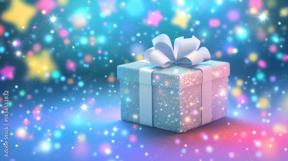 Sparkling Gift Box with Bow on Colorful Background of Lights and Stars