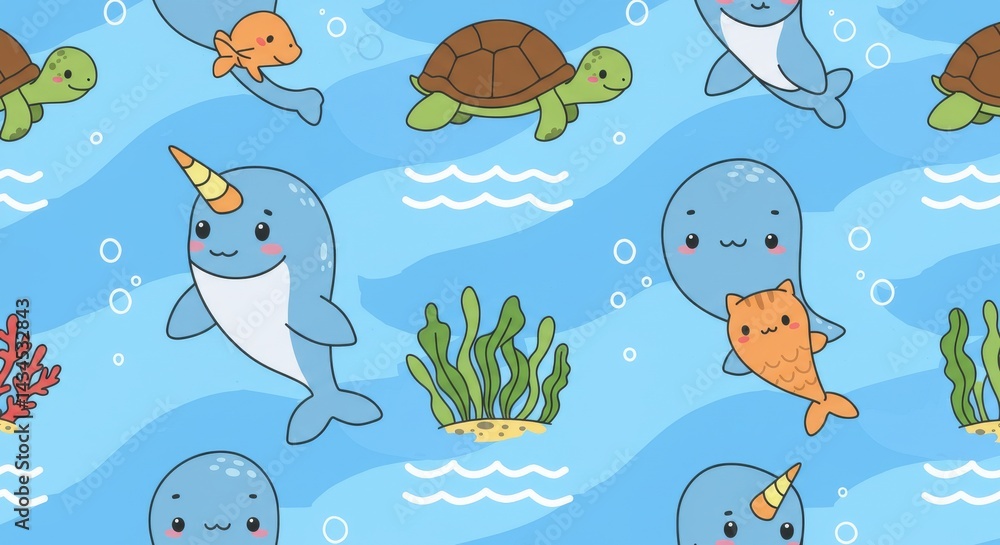 Fototapeta premium Cute Sea Creatures Pattern: Narwhal, Turtle, and Catfish - Adorable cartoon narwhals, turtles, and a cat with a fishtail swim in a playful underwater scene. This charming design symbolizes cuteness