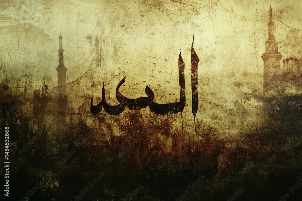Obraz premium Arabic calligraphy of 'Allah' on a grunge background with mosque silhouettes, evoking faith and spirituality.
