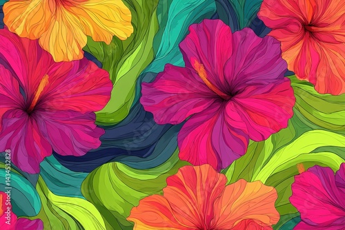 Wallpaper Mural Vibrant hibiscus flowers create a colorful garden pattern with intricate designs in bright shades of pink, orange, and green Torontodigital.ca