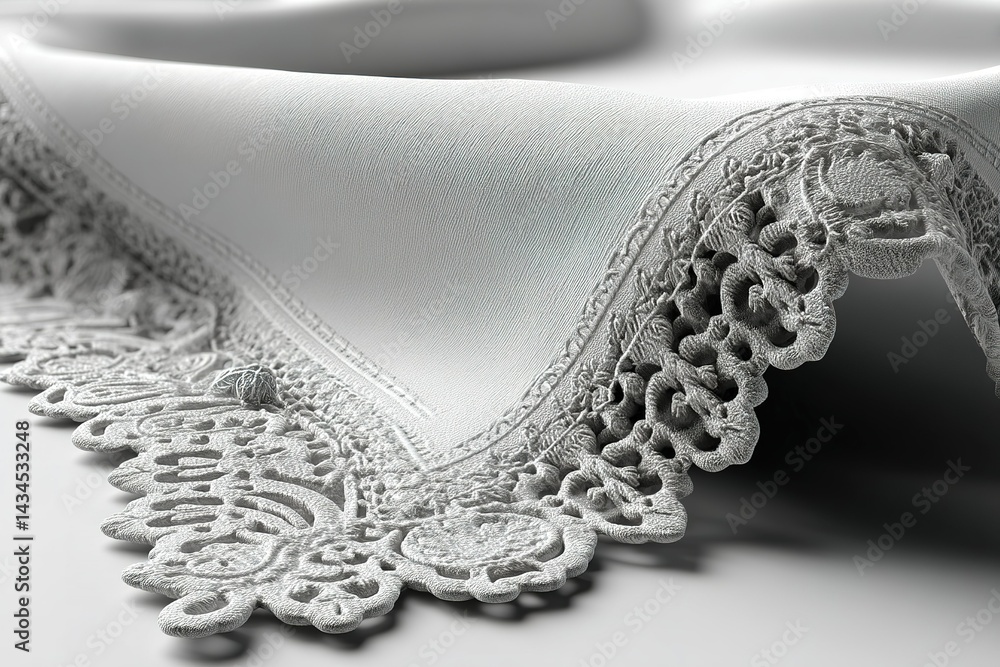 Obraz premium Elegant white tablecloth with intricate lace trim showcasing craftsmanship and detail