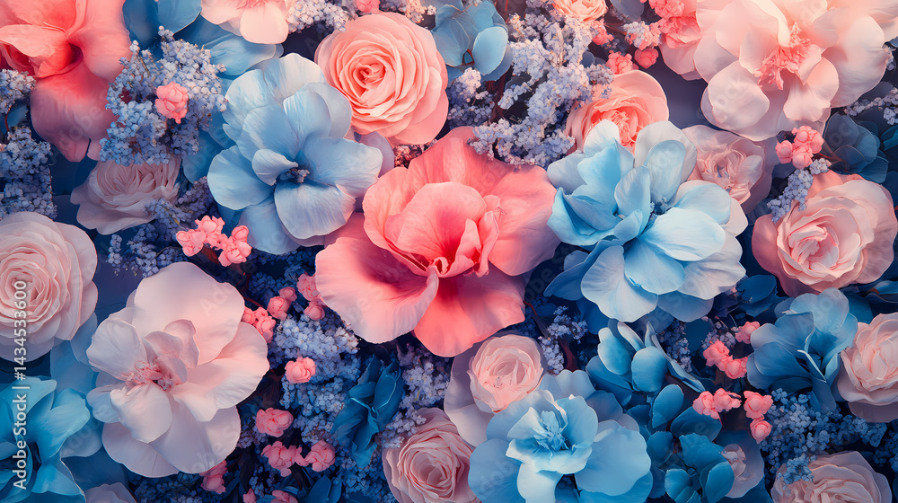 Fototapeta premium Pink and blue flowers background, a stunning floral display for design inspiration. Dream Bloom. Illustration