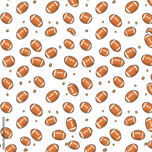 A repeating pattern of cartoon footballs scattered on a white background with small brown dots